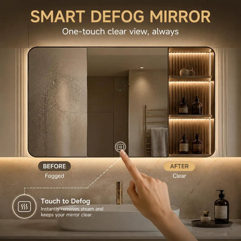 42 Inch Freestanding Single Sink Bathroom Vanity With Defogging LED Mirror Cabinet And Soft Neutral Finish For A Dope Modern Refresh That Hits Different In Your Space showing touch defog feature in bathroom setting.