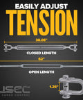 Rock Solid Five Pack Jaw And Jaw Turnbuckles One Inch By 24 Inches Rated For Ten Thousand Pounds Hot Dipped Galvanized Heavy Duty Wire Rope Rigging Hardware For Tensioning And Tough Work with detailed size measurements.