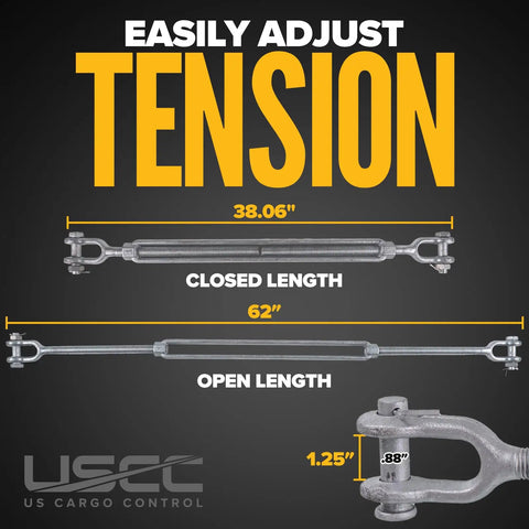 Rock Solid Five Pack Jaw And Jaw Turnbuckles One Inch By 24 Inches Rated For Ten Thousand Pounds Hot Dipped Galvanized Heavy Duty Wire Rope Rigging Hardware For Tensioning And Tough Work with detailed size measurements.