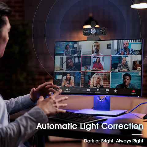Person using Straight Up Crisp 1080P Full Hd Webcam With Noise Canceling Mic during a video call with automatic light correction.