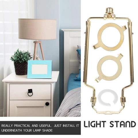 Adjustable Lampshade Harp Holder Kit With Lampshade Bracket And Hardware, pictured next to a lamp on a bedside table.