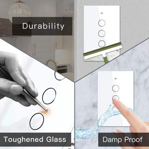 2.4GHz WiFi Wall Touch Smart Switch with neutral wire, three-way glass panel, white three gang shows durability and water resistance