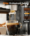Close-up of 20 Bar Espresso Machine Semi Automatic Home Barista Coffee Maker With Milk Frother Steam Wand brewing espresso.