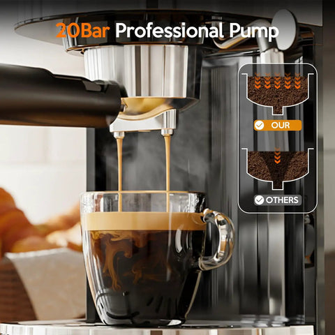 Close-up of 20 Bar Espresso Machine Semi Automatic Home Barista Coffee Maker With Milk Frother Steam Wand brewing espresso.