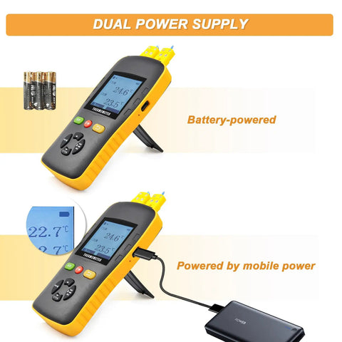 Two Channel K J T Thermocouple Data Logger With USB Temp Recorder And Dual Probes, powered by batteries and mobile power