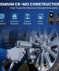 Person using Six Piece Impact Socket Adapter Set For One Quarter, Three Eighths, One Half And Three Quarters Inch Drives With CR-V Steel on car wheel