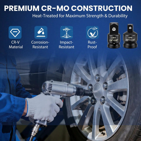 Person using Six Piece Impact Socket Adapter Set For One Quarter, Three Eighths, One Half And Three Quarters Inch Drives With CR-V Steel on car wheel