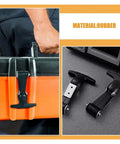 Heavy Duty Rubber Latch Kit 4 pieces with stainless steel buckles securing orange toolbox, shown in close-up view.