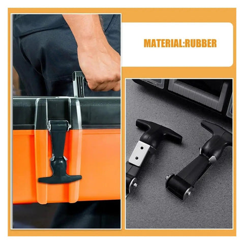 Heavy Duty Rubber Latch Kit 4 pieces with stainless steel buckles securing orange toolbox, shown in close-up view.