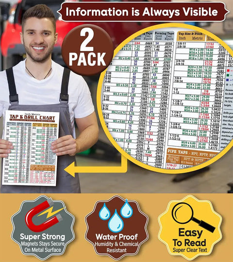 Top Shelf Magnetic Tap Drill Metric Conversion Chart Pack Of 2 At 8.5By11 Inches held by a mechanic in workshop with clear readings.