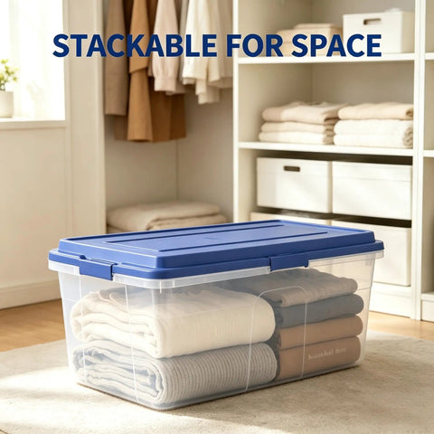 Straight Up Heavy Duty 113 Qt Long Storage Bin With Secure Snap On Lid, Crystal Clear Stackable Plastic Tote For Bulky Blankets And Seasonal Gear, Rock Solid Zero Fuss Garage Organizer filled with neatly folded blankets in a closet.