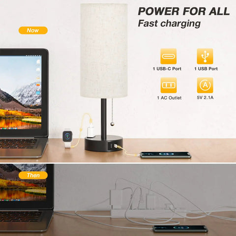 Bedroom Lamps Set Of 2 With 3 Color Modes And USB C And USB A Charging Ports, 2700K To 5000K Nightstand Bedside Lamps With Built In USB Port And Outlet, illustration showing charging capabilities.