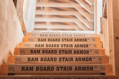 Stair Armor For Temporary Stair Protection Durable 1.58 Feet By 2.83 Feet 6 Pack With Reinforced Bullnose Guard on stairs