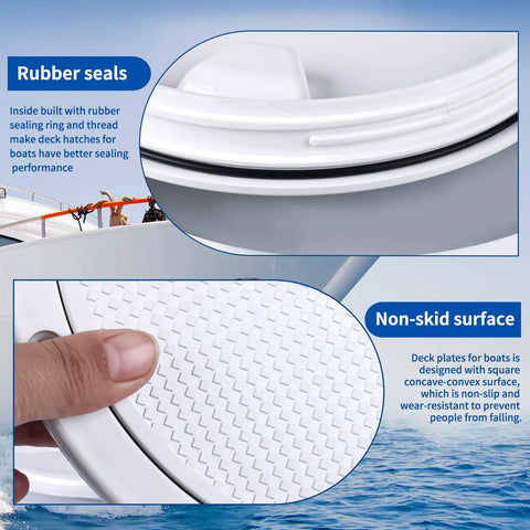 Round Non Slip Boat Hatch With Detachable Cover Waterproof ABS Marine Access Hatch For Boats And Yachts 4 6 8 Inch Options White Finish Weather Tight With O Ring Seal Ideal For Interior And Exterior Deck Use shown with rubber seals and non-skid surface.