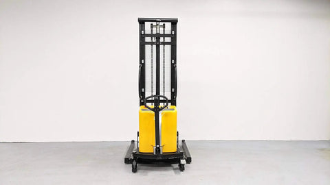 Wide Leg Semi Electric Pallet Stacker Built Tough To Hustle 3307 Pound Pallets Straight Up To 138 Inches Smooth As Butter Daily front view with controls.