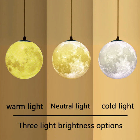 Plug In Moon Lamp Pendant Light With Cord For Kids Room White Sixteen Point Four Foot Hanging Light Cord With Switch Wall Outlet Powered Three Color Options Lit Soft Neutral 3D Painted Moon Night Light Bulb Included showing warm, neutral, cold lighting.