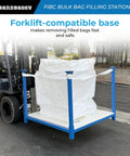 Heavy Duty Steel Bulk Bag Filling Station Stand For FIBC Bags 52 By 52 Inches Hands Free Loading Open Center Frame For Full Access Ideal For Debris Scraps And Waste On Job Sites., forklift-compatible blue steel frame holding FIBC bag