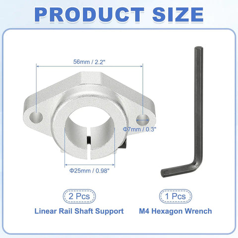 Beefy Aluminum Linear Rod Rail Support For 25mm ID Shafts Heavy Duty Mounting Bracket For Smooth High Speed Motion In 3D Printers And Robotic Systems Clamping Guide For Precise Linear Axis Alignment Pack Of 2, shown with 25mm support and 7mm holes