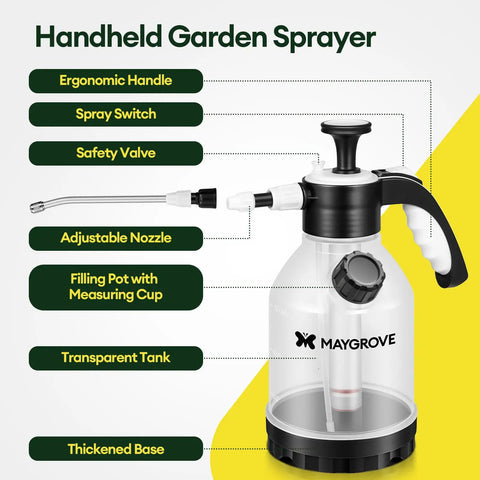 Image of Clear 0.4 Gallon Hand Pump Sprayer for Indoor Plants showing ergonomic handle, adjustable nozzle, and transparent tank.