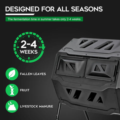43 Gallon Black Compost Tumbler Dual Rotating Outdoor Garden Bin for easy batch composting with large doors visible.