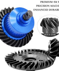 Beefed-Up Traxxas Slash 4x4 RC Gear Set 10T 29T Helical Gears Ford F-150 1/10 High Speed Steel Front And Rear Differential Transmission Gears 45 Steel Upgrade For Quick Acceleration, Smoother Power, More Torque showcased in blue and black steel with precision machined finish.