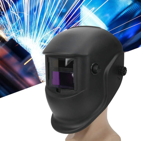 Stylish Ultralight Welding Helmet With Automatic Dimming For Serious Industrial Pros Featuring Durable ABS Construction And Solar Power To Keep You Safe During Long Heavy Duty Jobs Without The Weight Or Fatigue, shown from the front with sparks in the background.