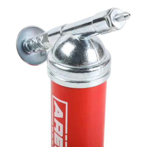 ARES mini grease gun with red body, chrome head, needle nozzle (close-up view).