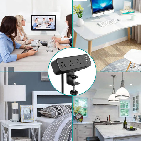 Desk Clamp Power Strip With USB C And USB Ports, 3 Outlets, shown in home office, kitchen, bedroom, and conference room settings
