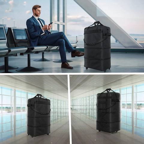 Black expandable wheeled luggage suitcase with spinner wheels beside a man in a business suit at the airport