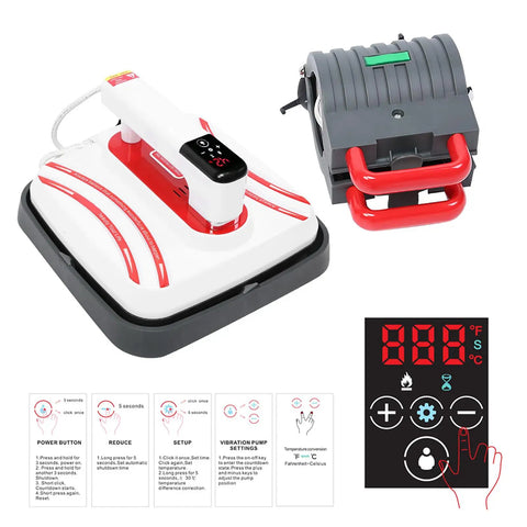 5 In 1 Heat Press Machine For T Shirts Mugs Hats Plates Pens Transfers with control panel and instructions visible