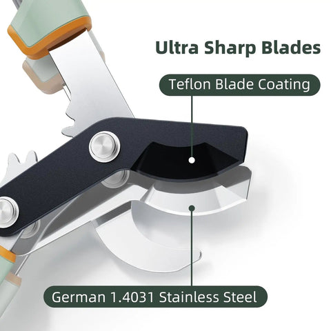 Close-up of Heavy Duty Bypass Loppers For Tree Trimming With German Stainless Steel Blades, Teflon coating detail shown