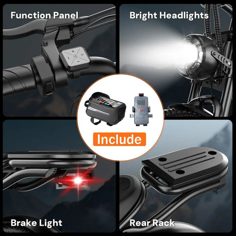 Electric Dirt Bike For Adults With 2500W Peak Power, control panel, headlights, brake light, rear rack, and accessories included