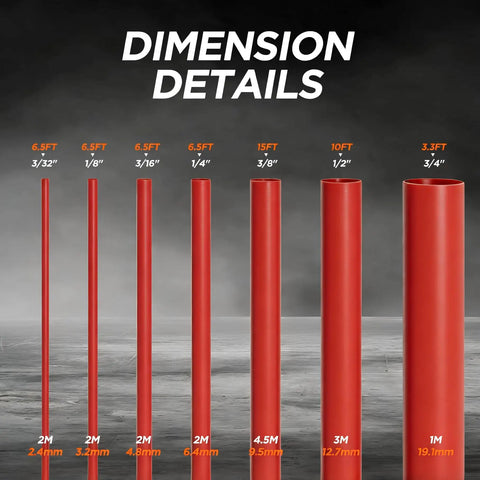 Image showing dimensions of Heavy Duty 7 Size Heat Shrink Tubing Roll Kit With Four To One Shrink Ratio And Glue Lined Core 54 Feet Long