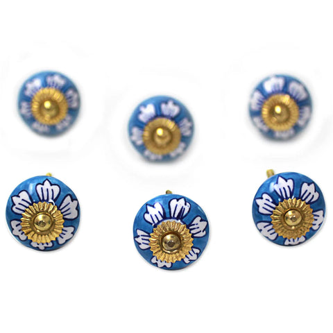 Blue Floral Ceramic Cabinet Knobs Set Of Six With Metal Backings White And Sky Blue Flower Design Screws Included