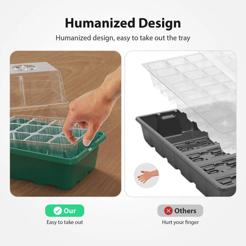 Seed Starter Tray Kit 10 Pack With Heightened Lids For Seed Starting, showing hand in seed tray with easy removal design feature