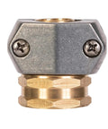 Heavy Duty Garden Hose Repair Kit With 5/8 and 3/4 Inch Brass Connectors Swivel Attachment Stainless Steel Clamp To Fix Leaks Fast And Get Your Outdoor Watering Setup Back On Track For A Cool Summer, brass hose fitting close-up
