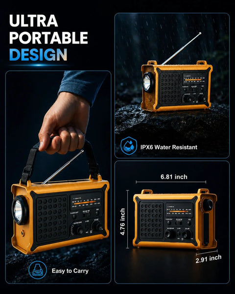 Portable Beefed Up Emergency Weather Radio With Hand Crank Solar Power And 12000mAh Battery, IPX6 Water Resistant Design