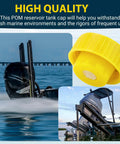Heavy Duty Pump Reservoir Cap For Power Pole Hydraulic Pumps And Mercury Trim Systems on boat, yellow cap against marine backdrop.