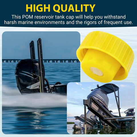 Heavy Duty Pump Reservoir Cap For Power Pole Hydraulic Pumps And Mercury Trim Systems on boat, yellow cap against marine backdrop.