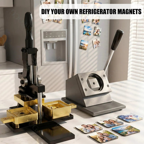 Fridge Magnet Maker Kit With 2 By 2 Inch Square Diy Photo Magnet Press Includes Paper Cutter 100 Sets on countertop