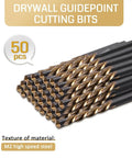 50 Piece Killer Sharp Drywall Cutting Bits Set With Precise 5/32 Inch Spiral Design And Centered Guide Point For Clean Trim Work, showing M2 high-speed steel bits.