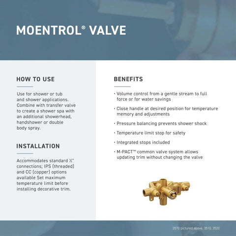 M-PACT Moentrol Shower Valve With Stops 1/2-Inch CC shown with benefits and installation details