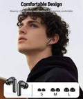 Person wearing Dope Wireless Earbuds With Bluetooth 5.4, close-up showing comfortable fit, with ear tips size chart below.