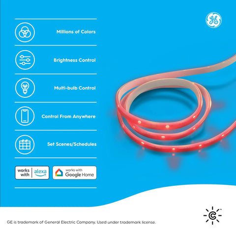 Cync Direct Connect Full Color 80 Inch LED Light Strip on blue background with control icons, voice control for Alexa and Google Assistant