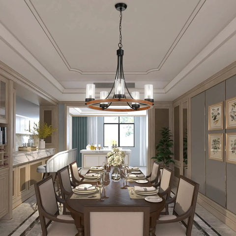 Dining room with Five Light Wagon Wheel Farmhouse Chandelier Pendant Ceiling Light With Round Wood Finish, E12 Base, Clear Glass, Adjustable Chain, Dope Dining Room Or Living Room Vibe above table.