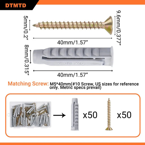 Pro Grade 100 Piece M8x40 Plastic Expansion Anchors And Self Tapping Screws Kit showing anchor and screw dimensions