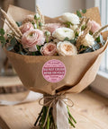 Bouquet with brown paper wrap featuring Hot Pink Fragile Stickers For Shipping Do Not Bend Do Not Crush Handle With Care Labels Pack