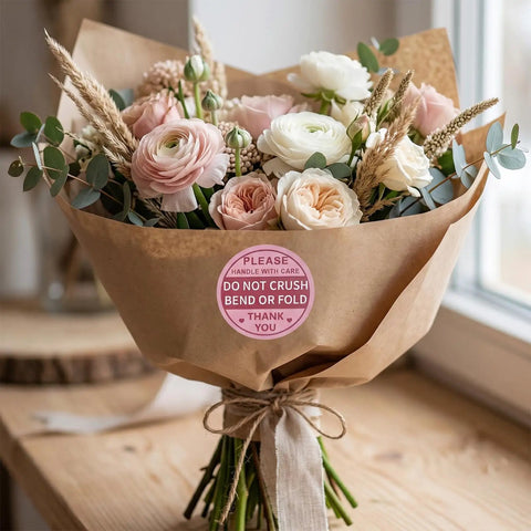 Bouquet with brown paper wrap featuring Hot Pink Fragile Stickers For Shipping Do Not Bend Do Not Crush Handle With Care Labels Pack