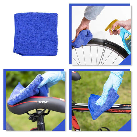 Bike Chain Cleaner Kit With Chain Lubricant And Biodegradable Degreaser, showing blue cleaning towel used on bike frame and wheel
