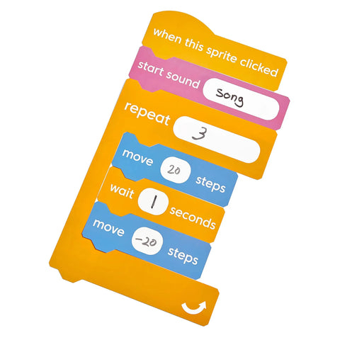 Stacked magnetic Scratch-style blocks illustrating a Block Based Coding Magnetic Demonstration Set For Kids Learn To Code With Scratch Style Activities STEM Projects For Ages Eight To Twelve Classroom Ready Computer Science And Programming Lessons.